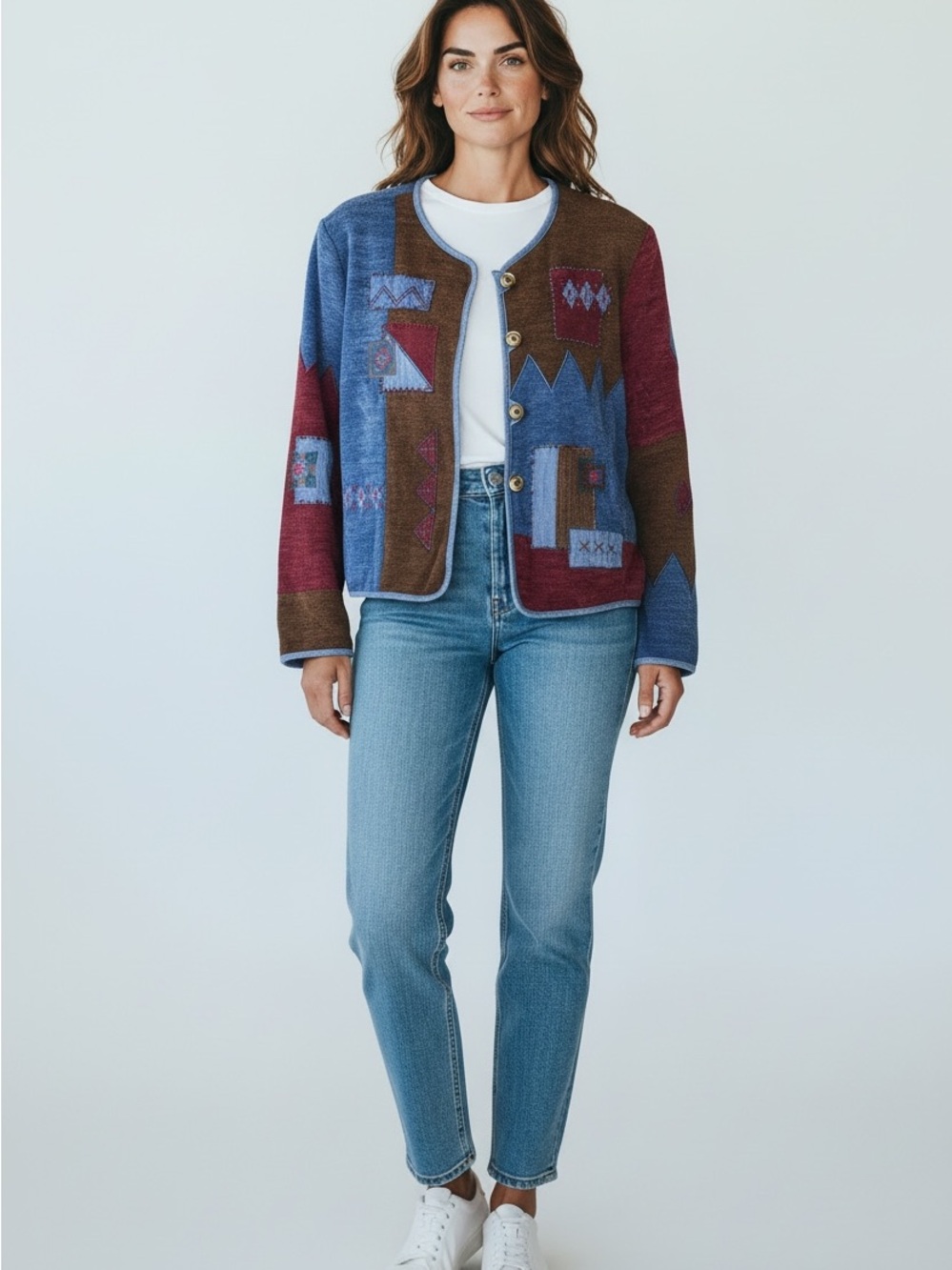 296 Vintage Koret Multi-Color Geometric Teddy Jacket - Blue, Brown, Burgundy